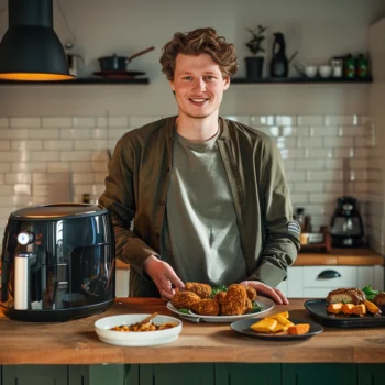 Een 26 jarige jongen staat achter een aanrecht met een airfryer en airfryer gerechten