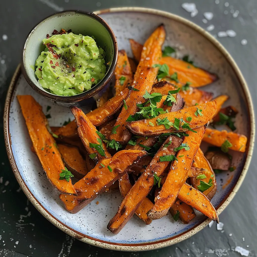 Zoete aardappel friet met tijm op een bord en daarnaast een bakje guacamole.