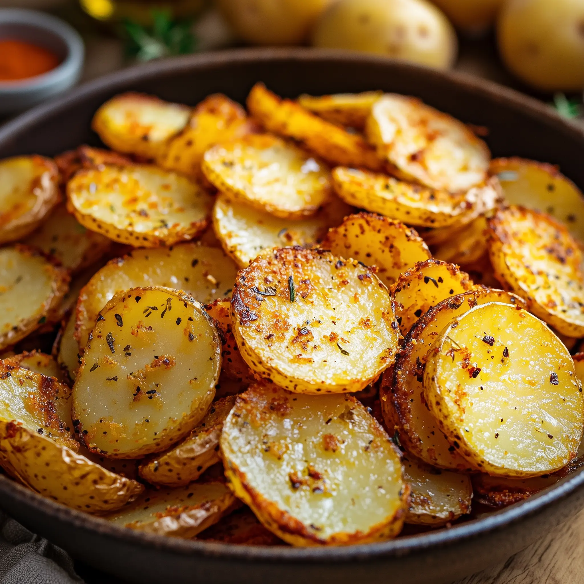 aardappelschijfjes in een schaal die bereidt zijn in de airfryer.