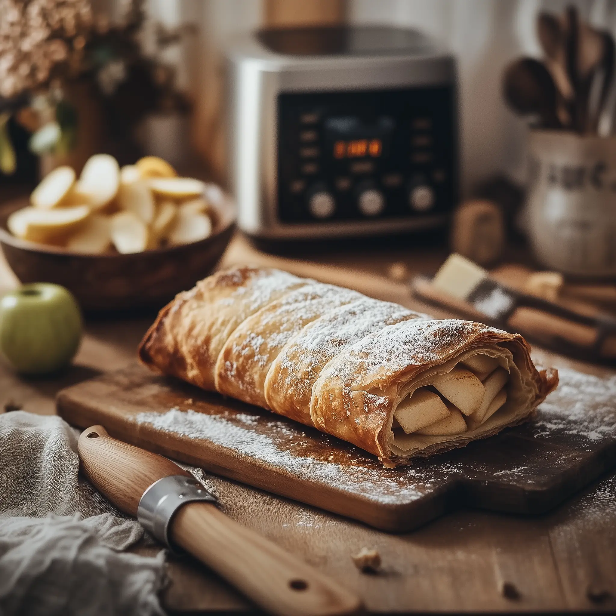 Apfelstrudel op een houten plank met in de achtergrond een airfryer.