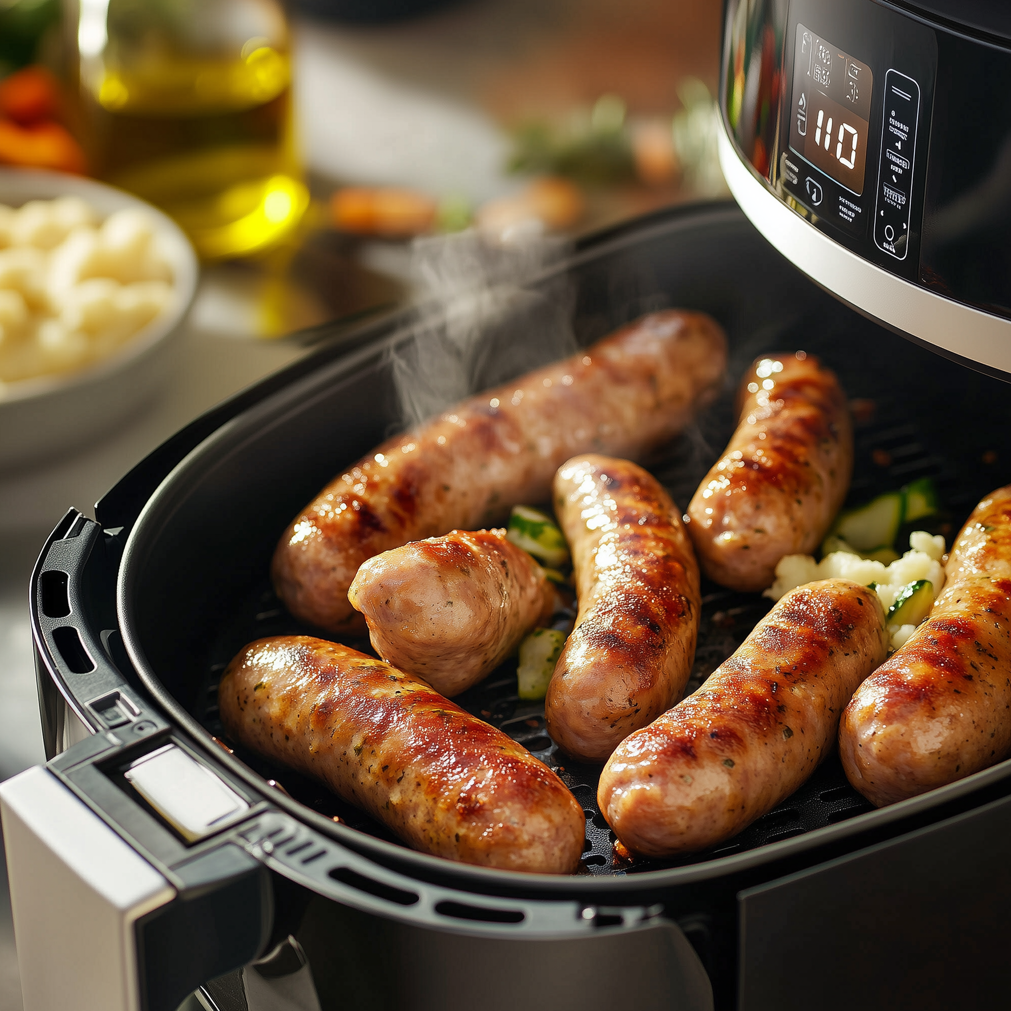 Braadworsten in een airfryer.
