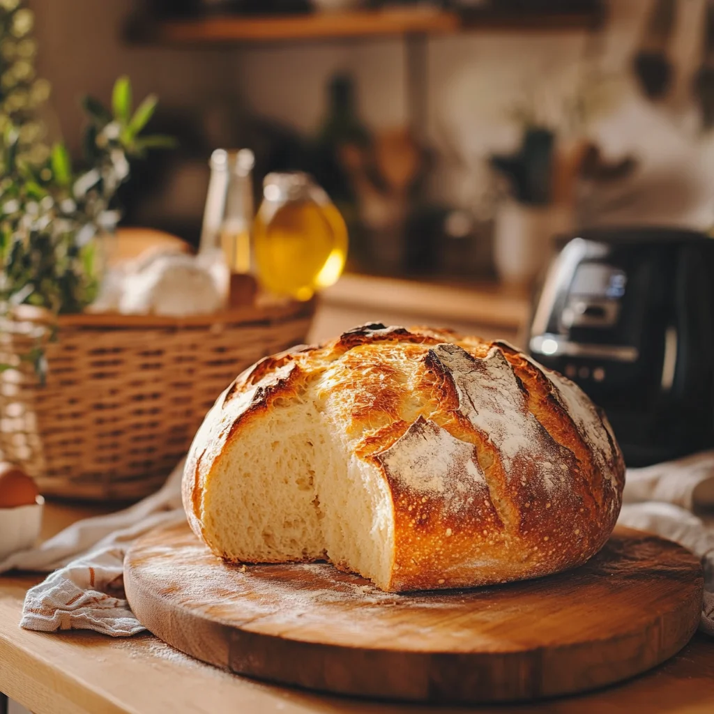 Brood op een houten plank met op de achtergrond een airfryer.