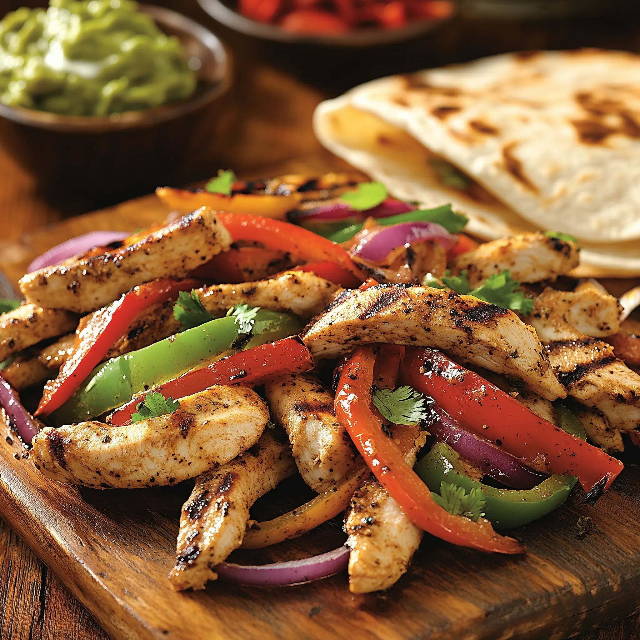 chicken fajitas op een houten plank, bereidt in de airfryer.
