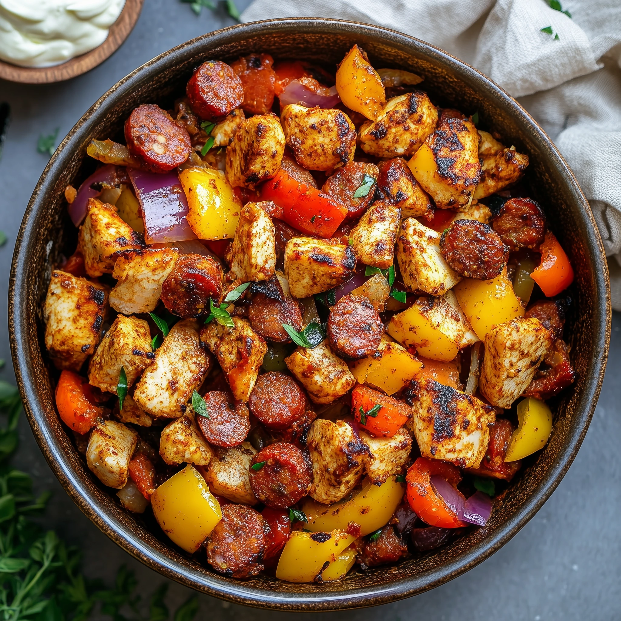Eenpansgerecht Spaanse schotel uit de airfryer op een bord.