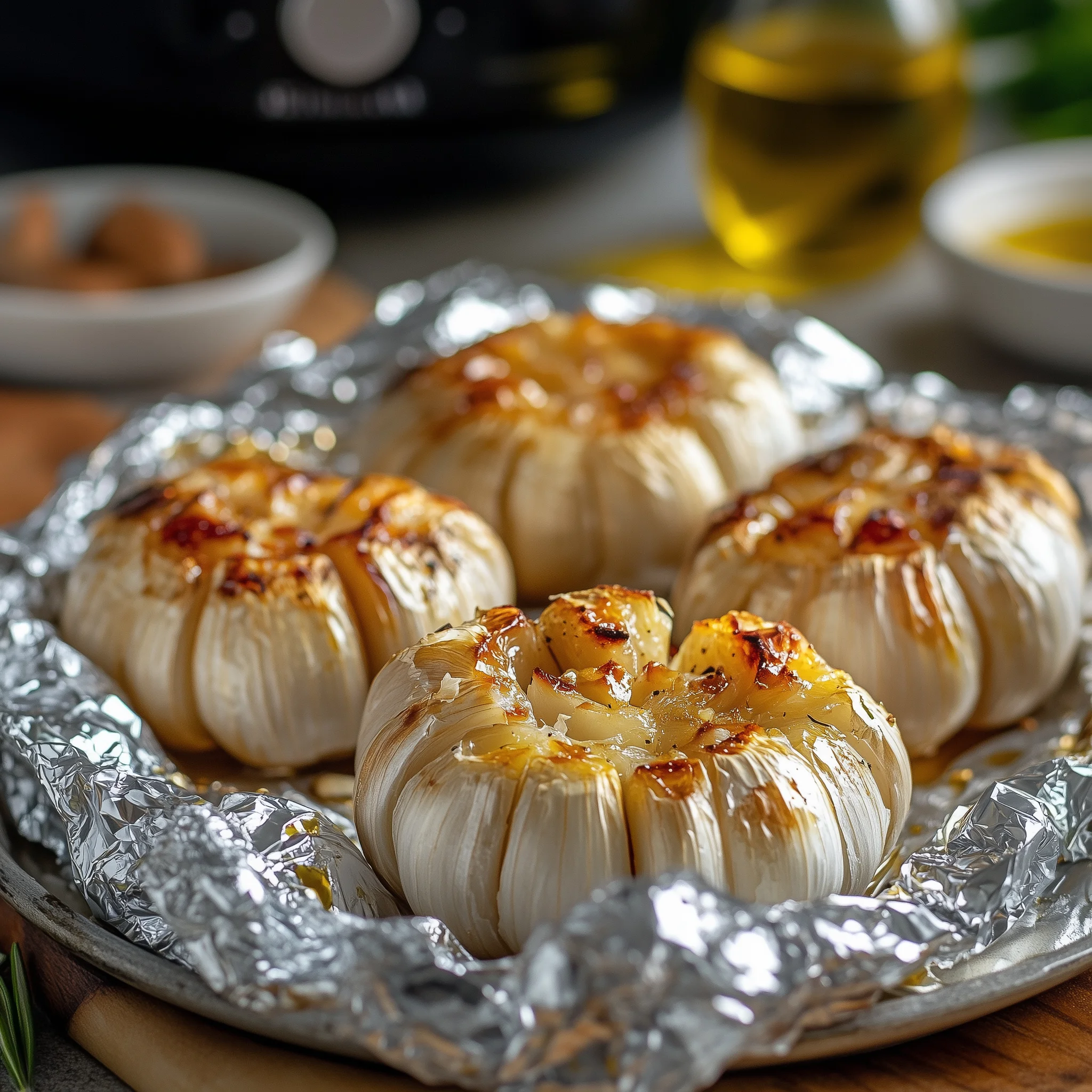 Geroosterde knoflook in aluminiumfolie bereidt in de airfryer.