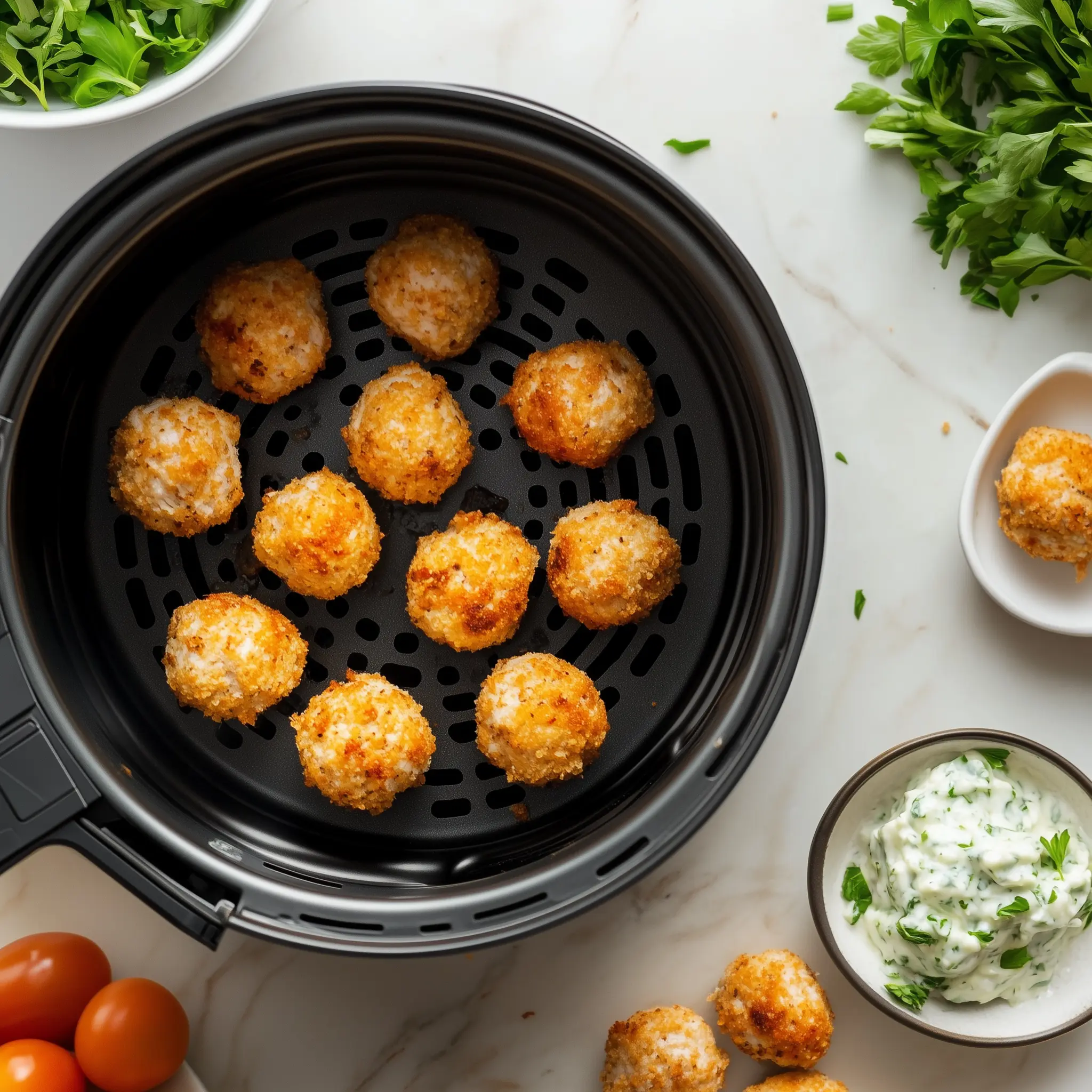 Kipgehaktballetjes in een airfryer.