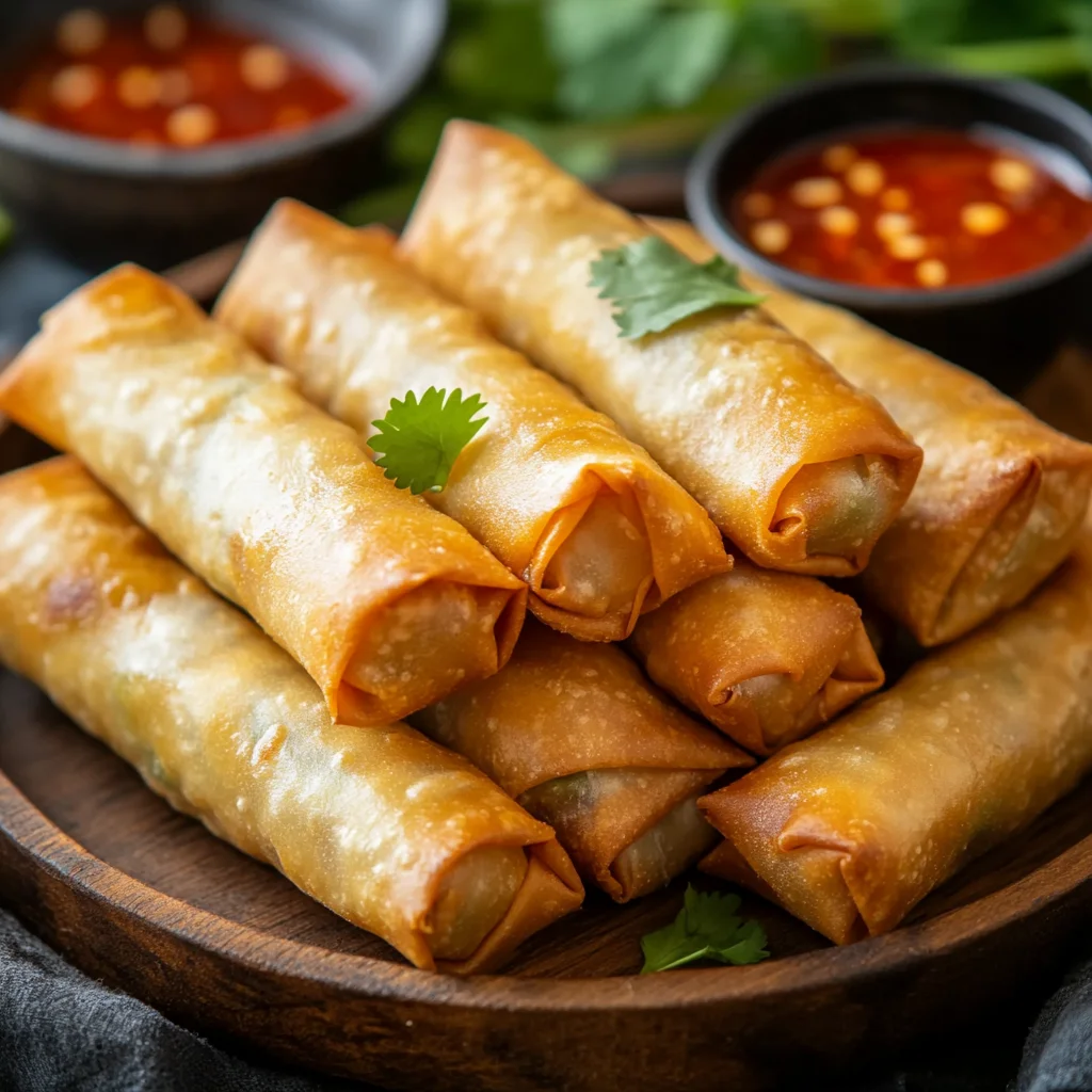Loempia's op een bord met in de achtergrond chilisaus. Loempia's zijn gebakken in de airfryer.