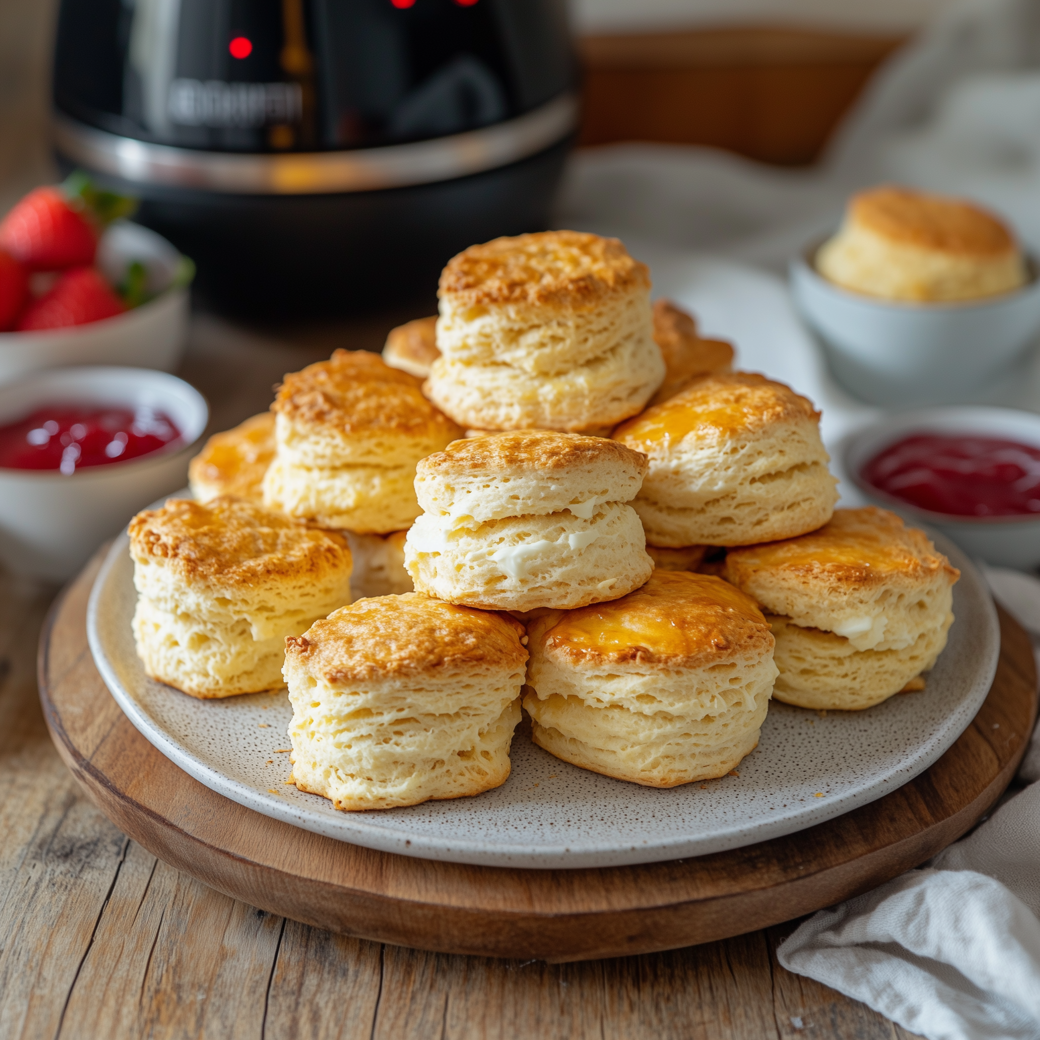 Scones op een bord met in de achtergrond een airfryer.
