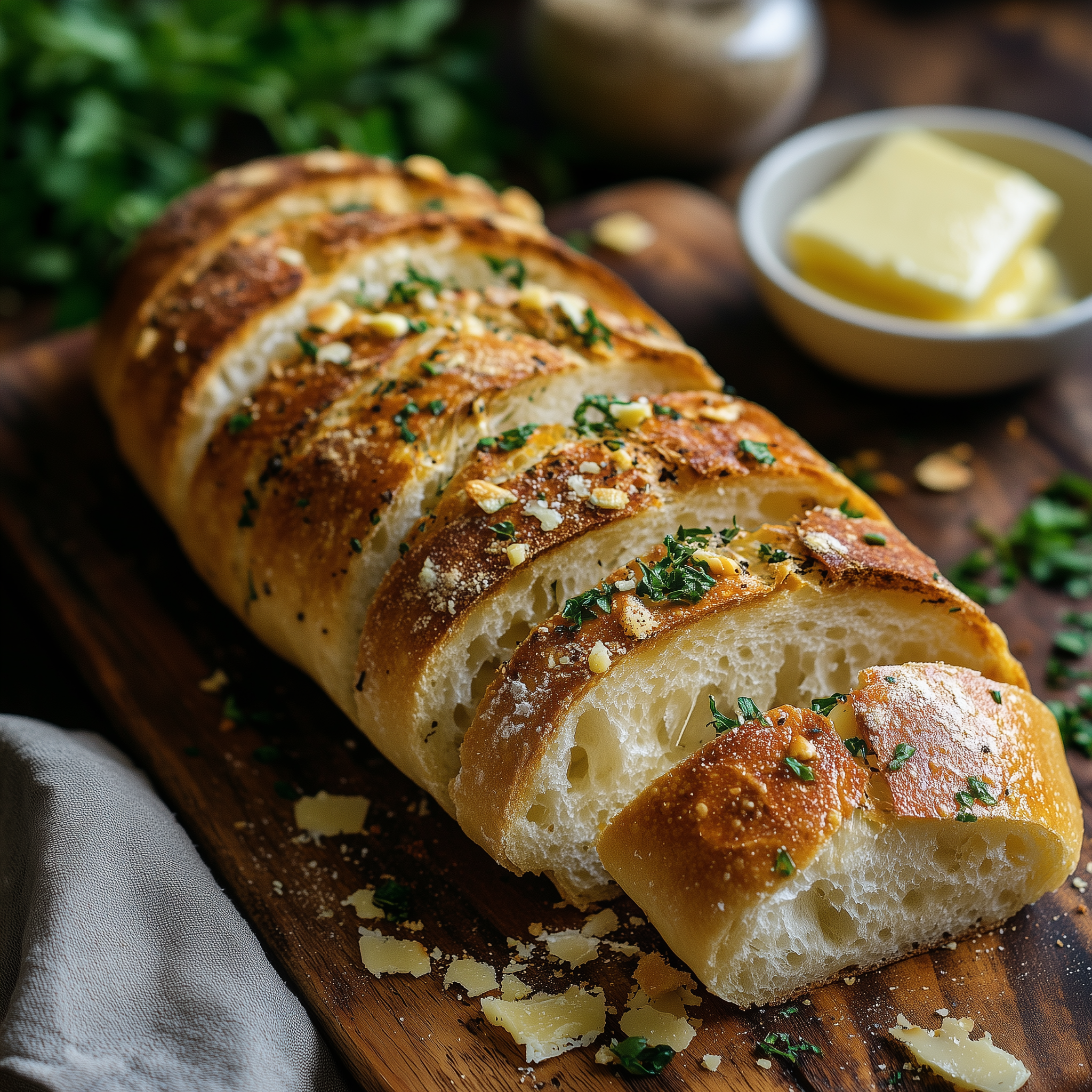 stokbrood op een houten plank. Stokbrood is bereidt in de airfryer.