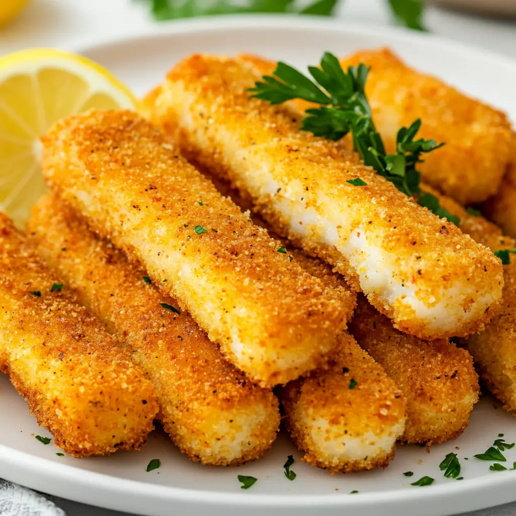 vissticks op een wit bord dat bereidt is in een airfryer.