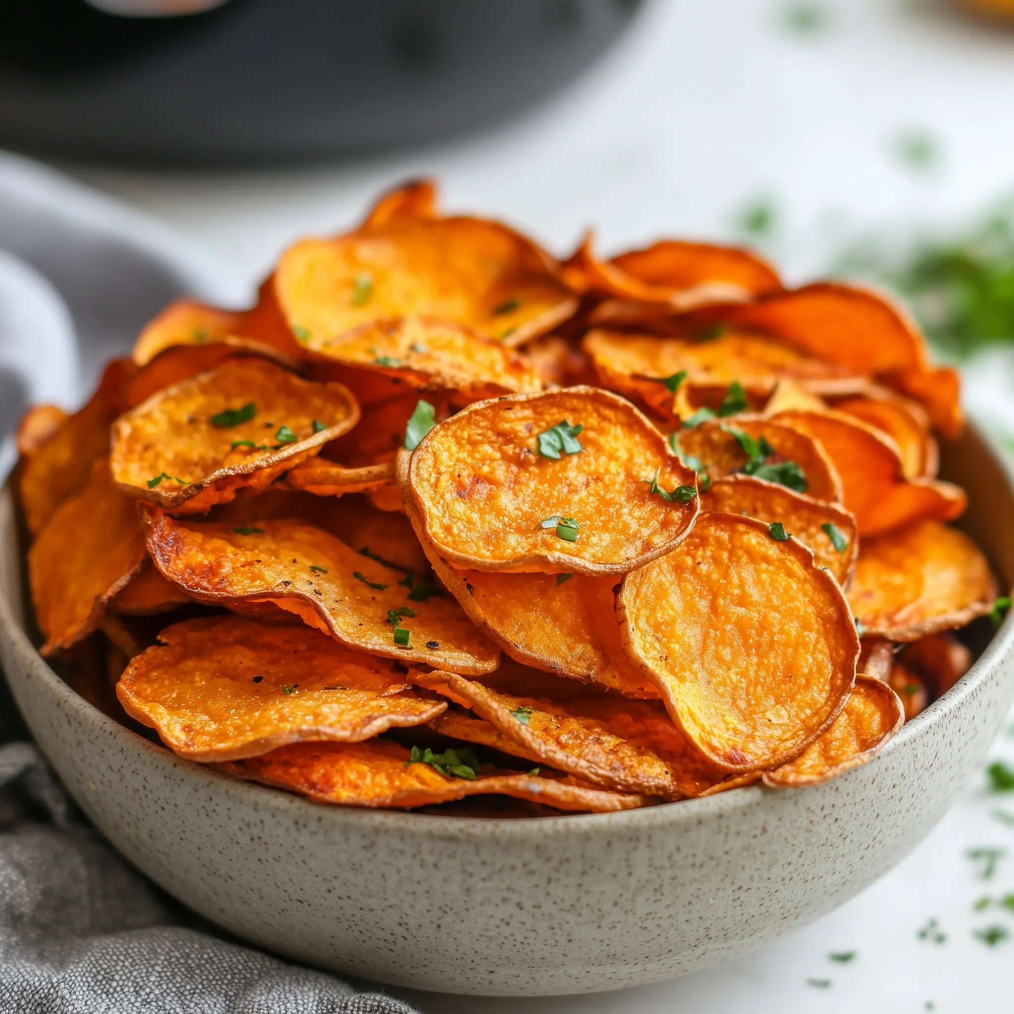 Zoete aardappelchips in een kom met in de achtergrond een airfryer.