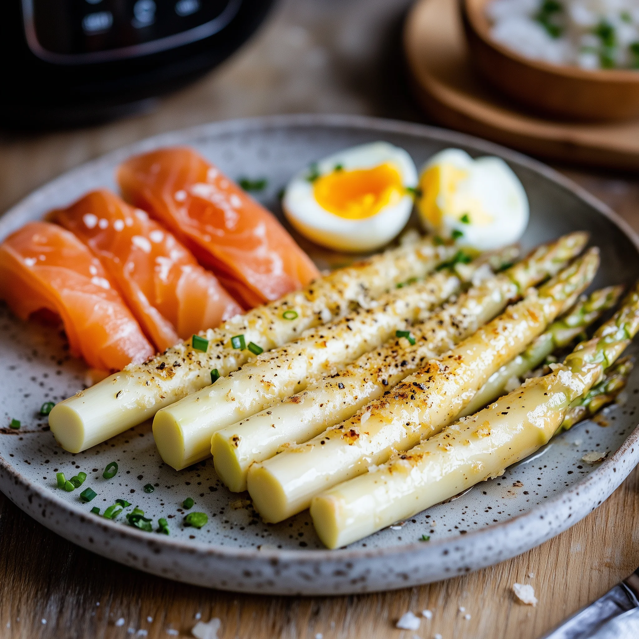 Asperges op een bord met daarnaast zalm en een eitje. Op de achtergrond een airfryer.