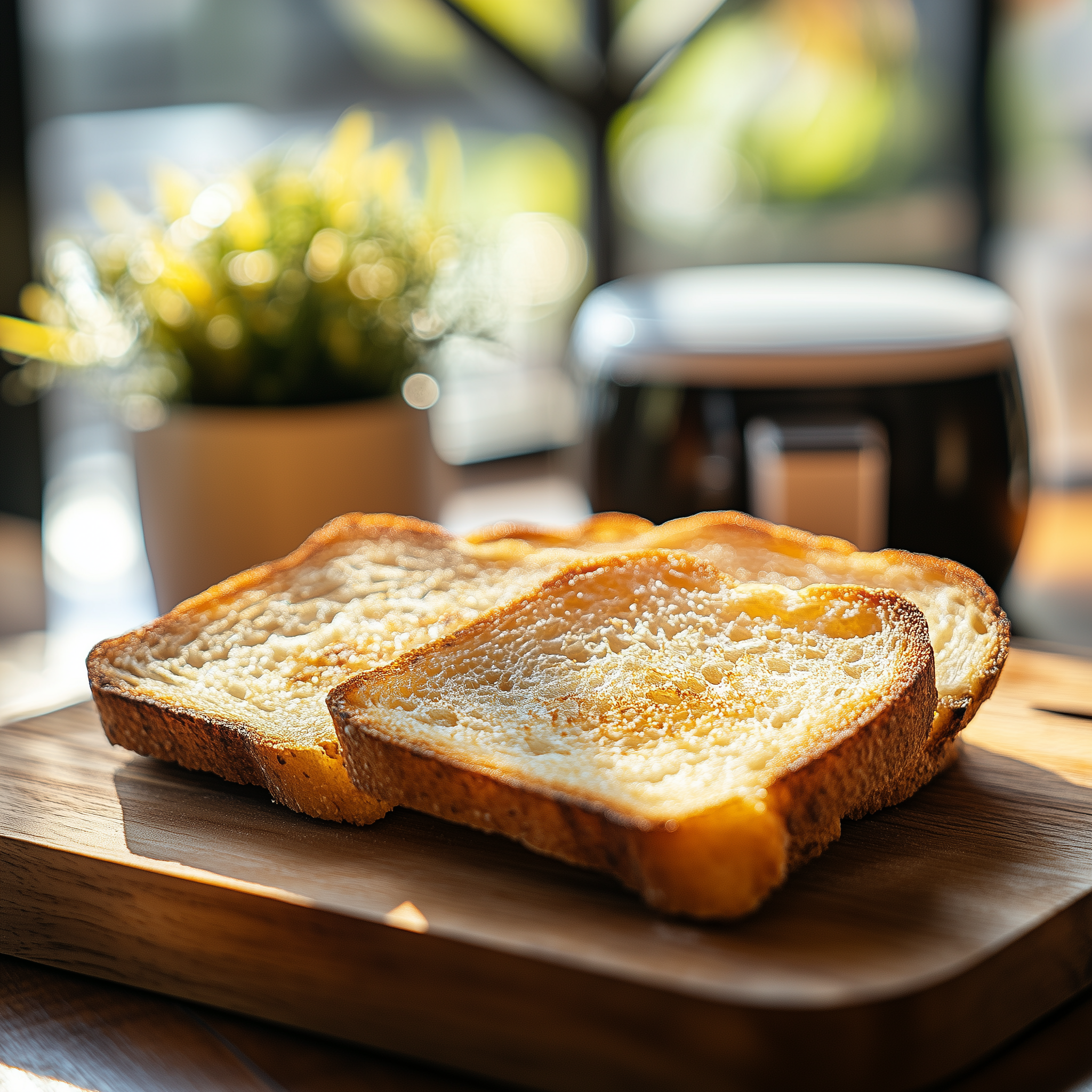 4 geroosterde broodjes op een houten plank met in de achtergrond een airfryer.