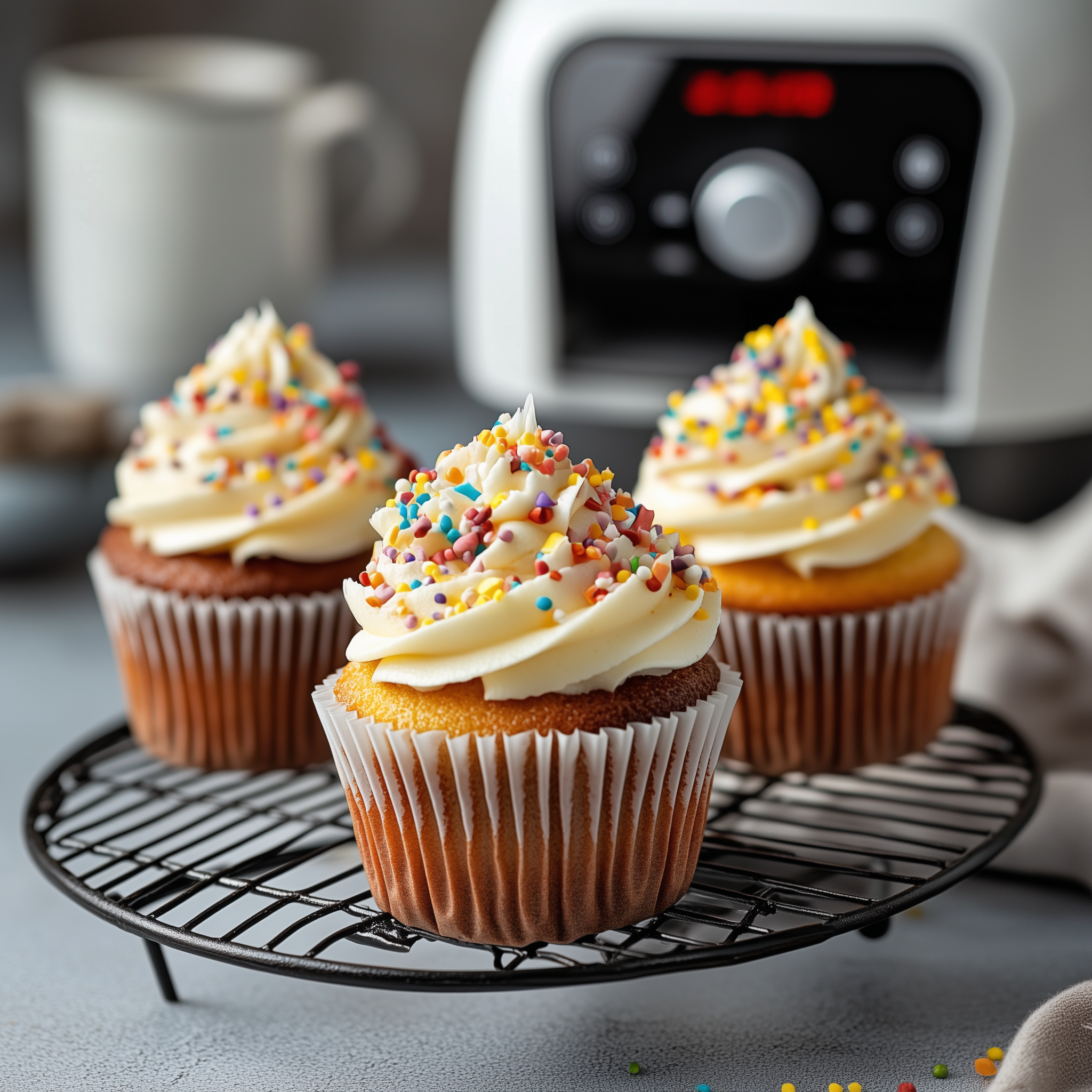 3 cupcakes op een rooster met in de achtergrond een airfryer.