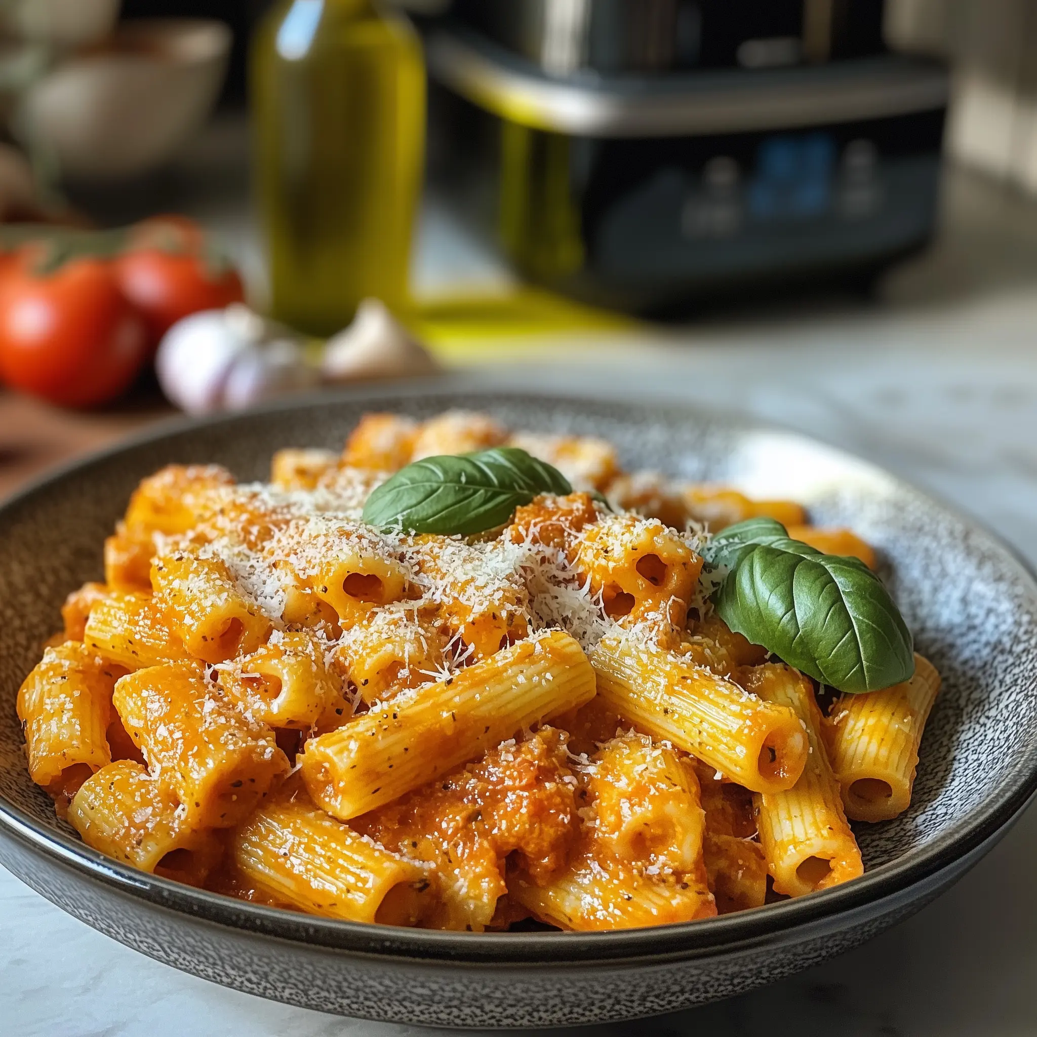 pasta met romige tomatensaus op een blauw bord met in de achtergrond een airfryer.