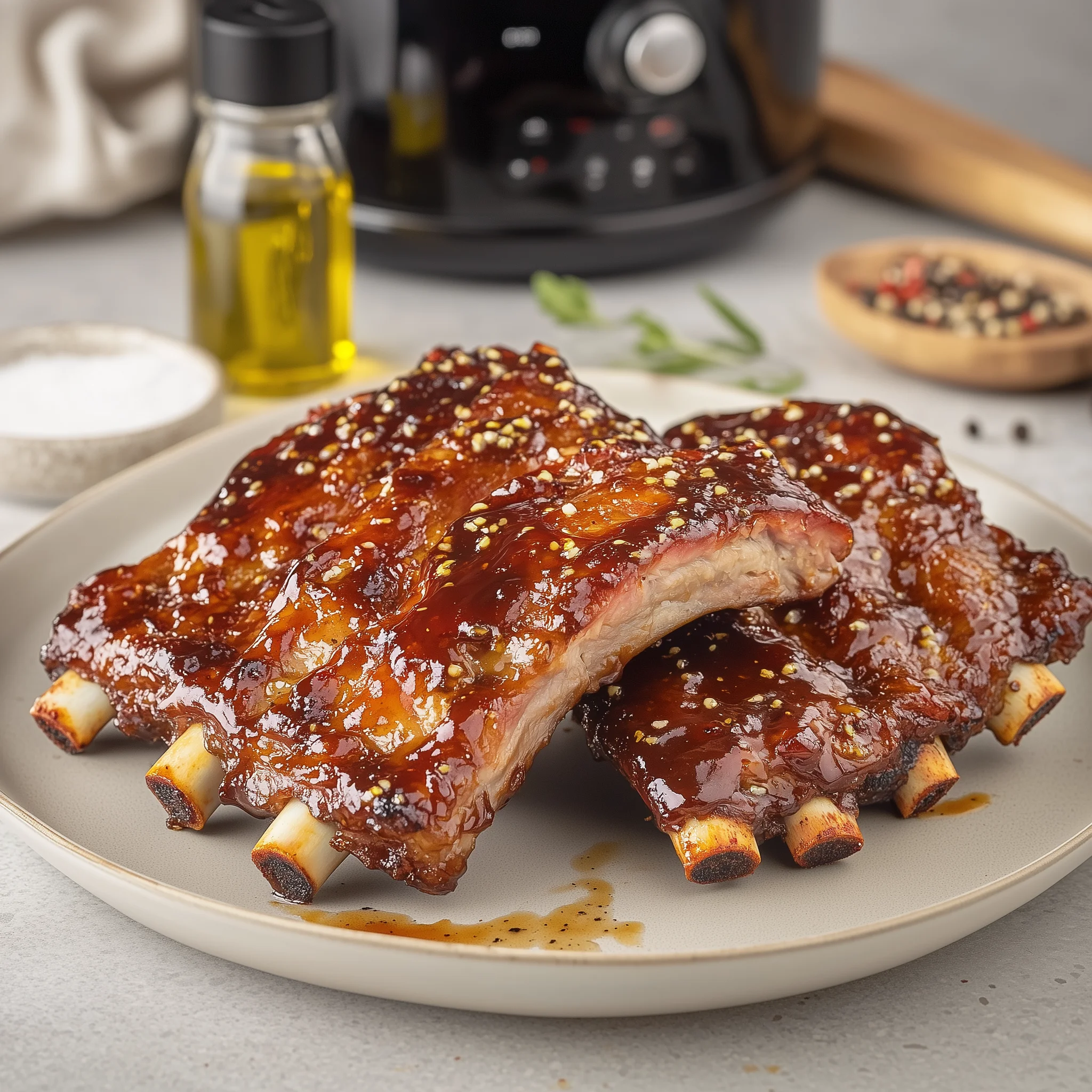 Twee stukjes spareribs op een bord met op de achtergrond een airfryer.
