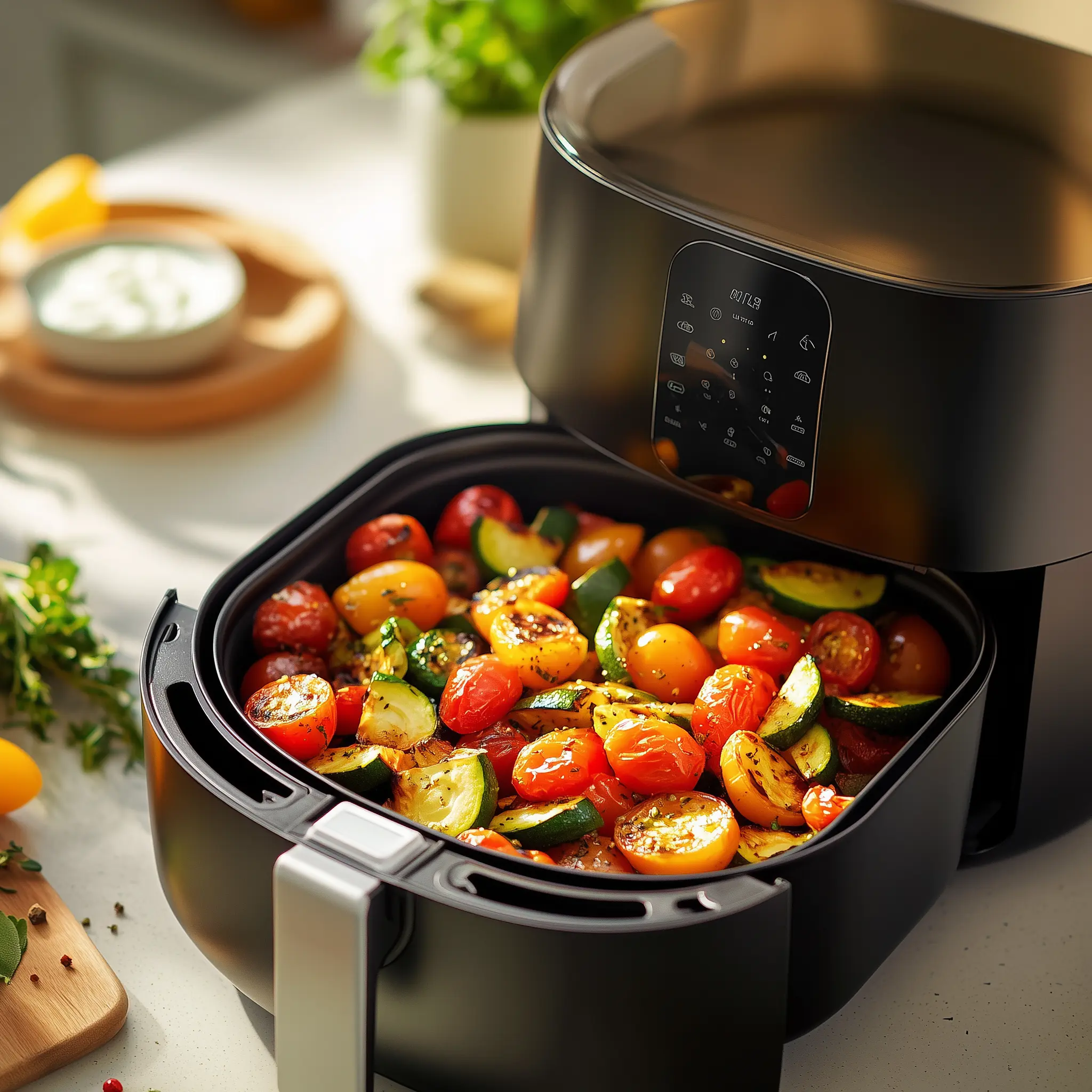 Verse groenten in de bak van de airfryer.