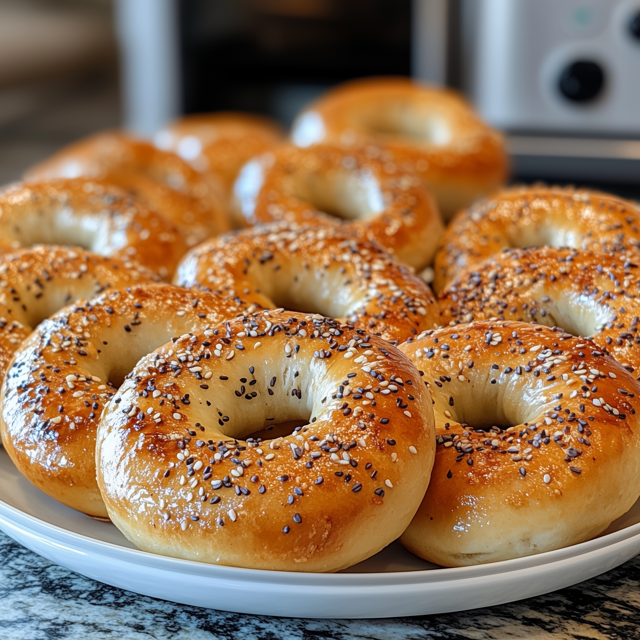 Bagels op een bord met in de achtergrond een airfryer.