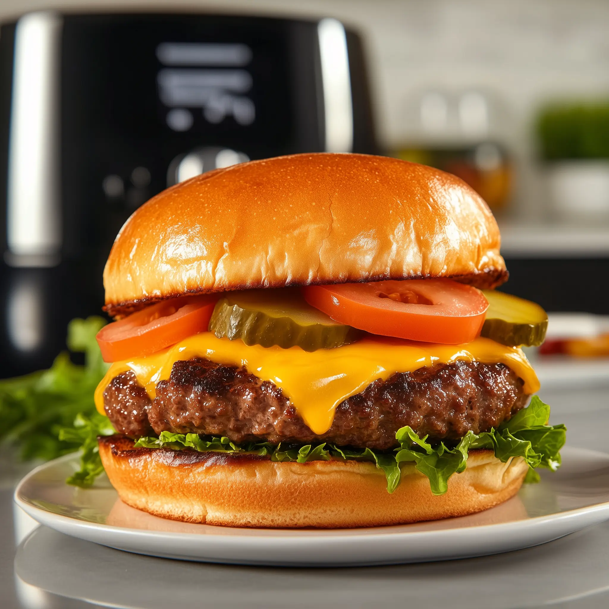 Cheeseburger op een wit bord met in de achtergrond een airfryer.