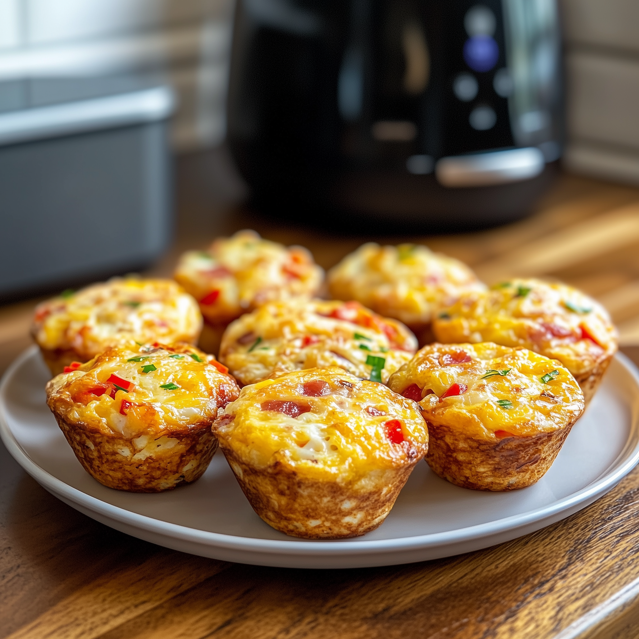 Ei muffins op een bord met in de achtergrond een airfryer.