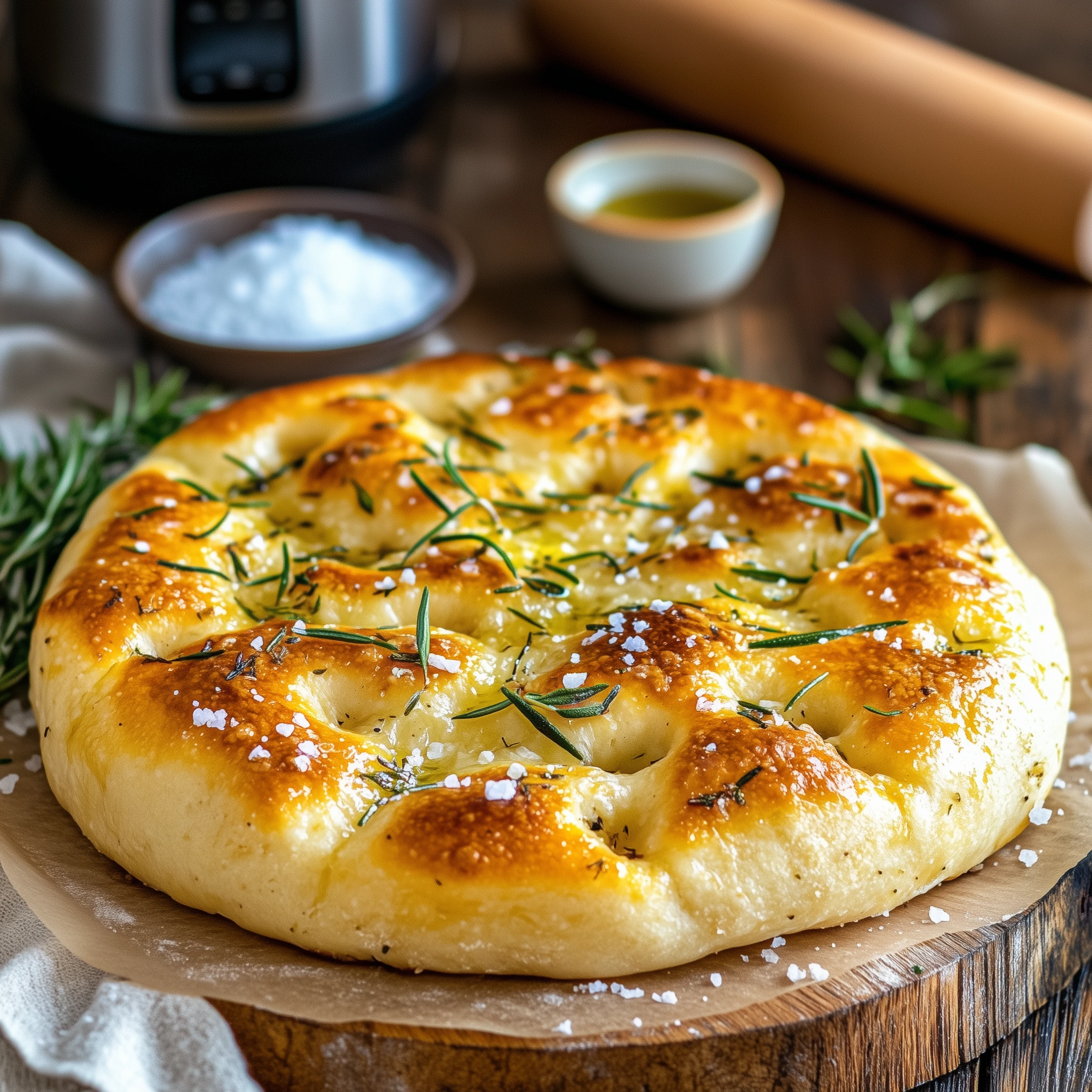 focaccia brood op een houten plank met in de achtergrond een airfryer.