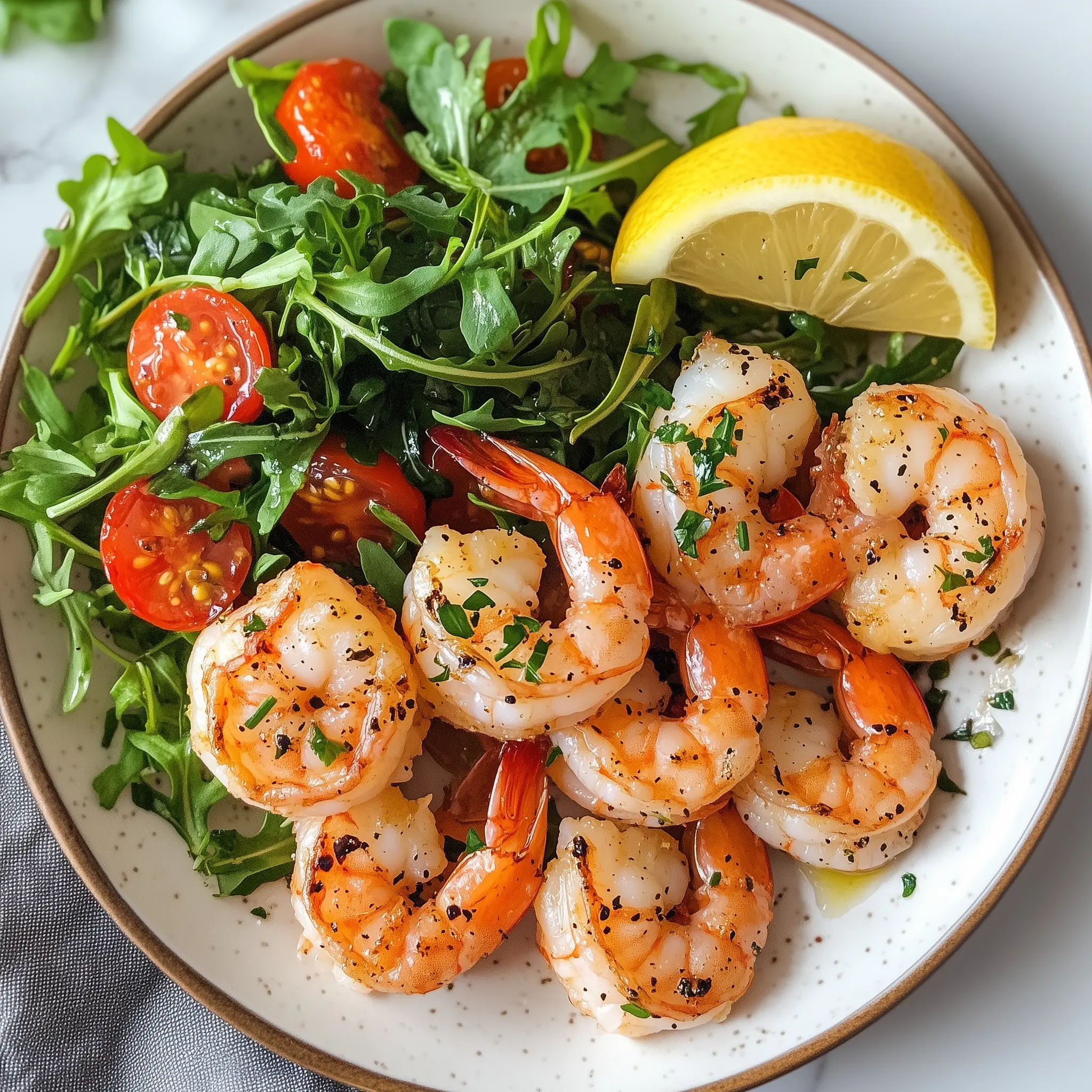 Gamba's op een bord die bereidt zijn in een airfryer. Omringd met groenten.