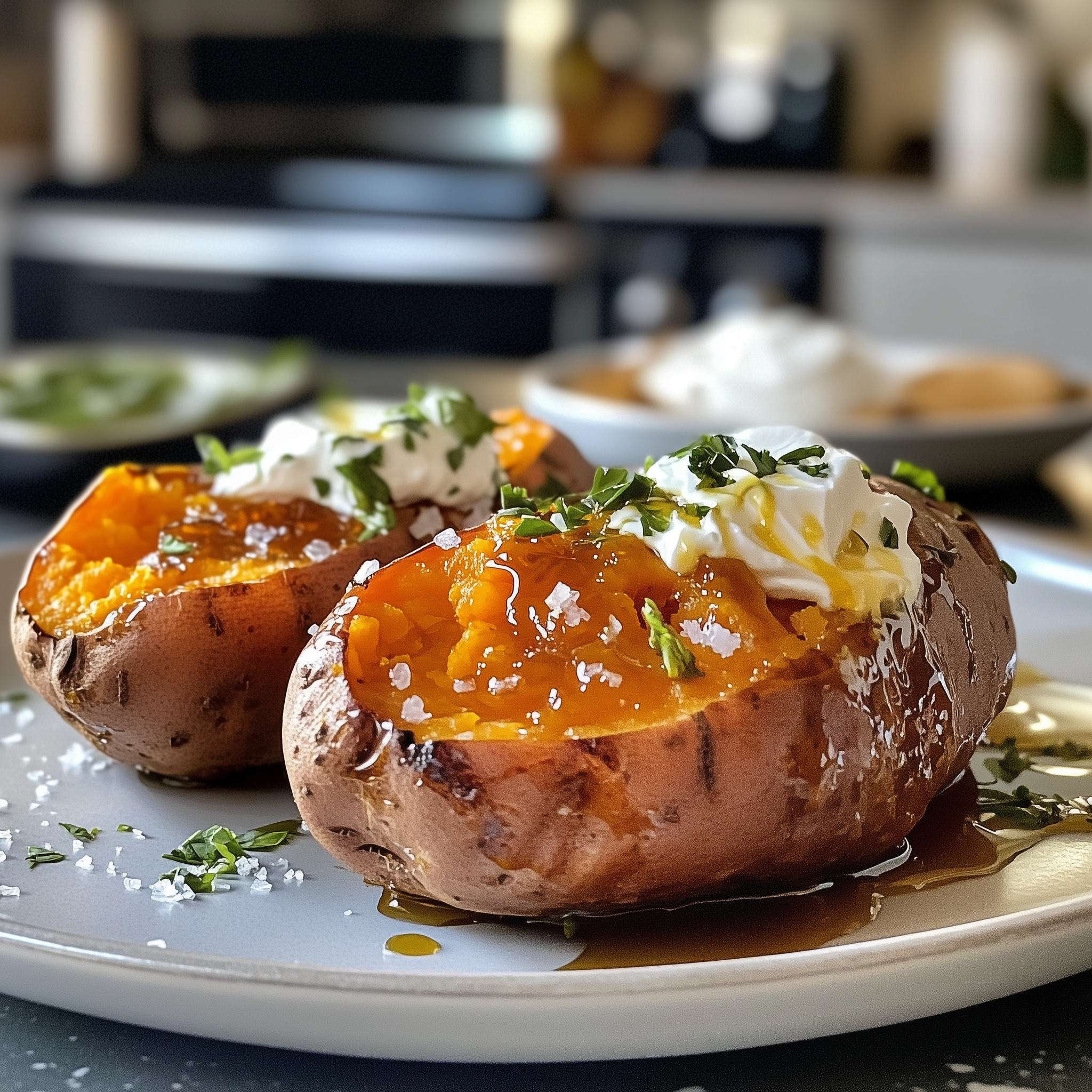 2 gepofte zoete aardappels op een bord die zijn bereidt in de airfryer.