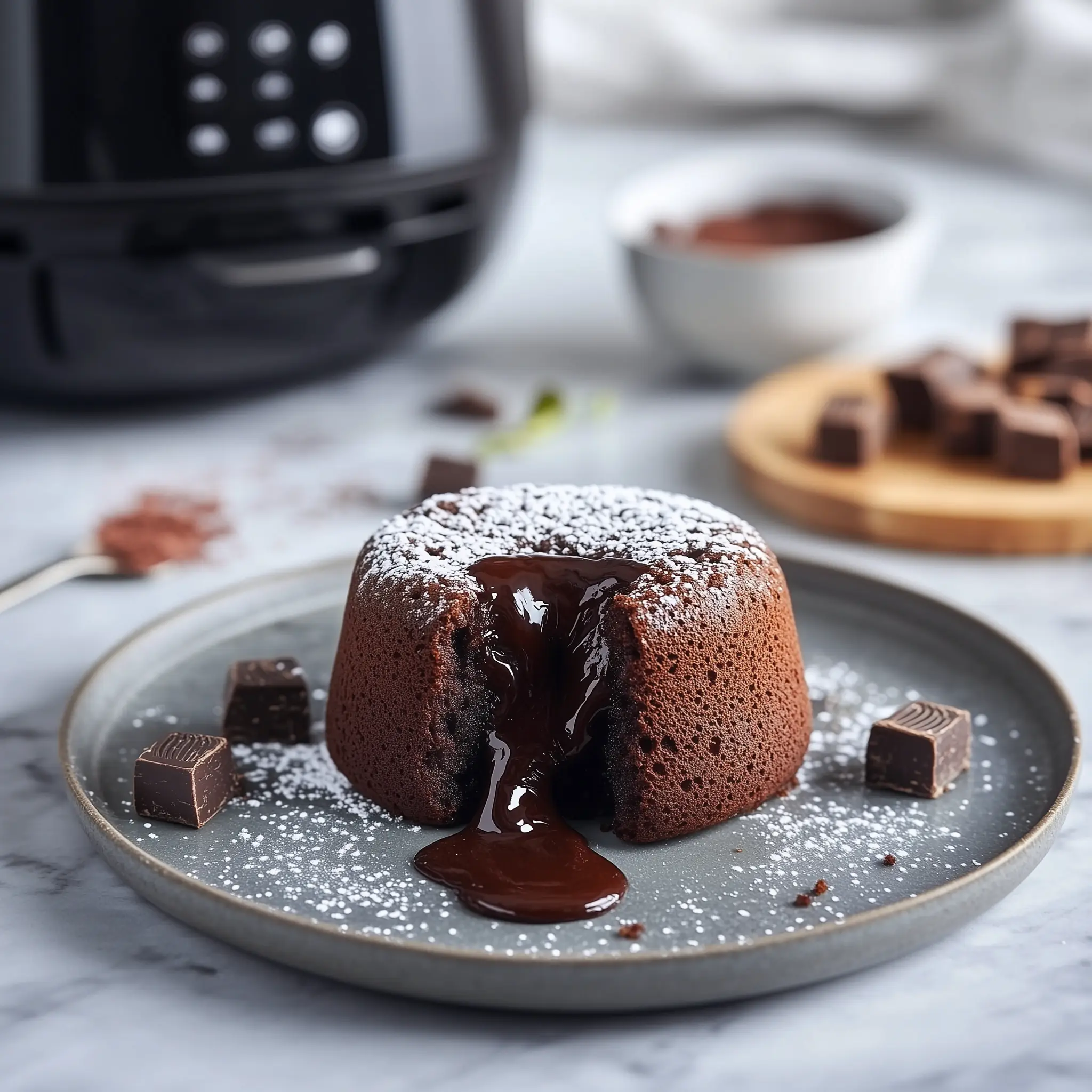lavacake op een bord met in de achtergrond een airfryer.