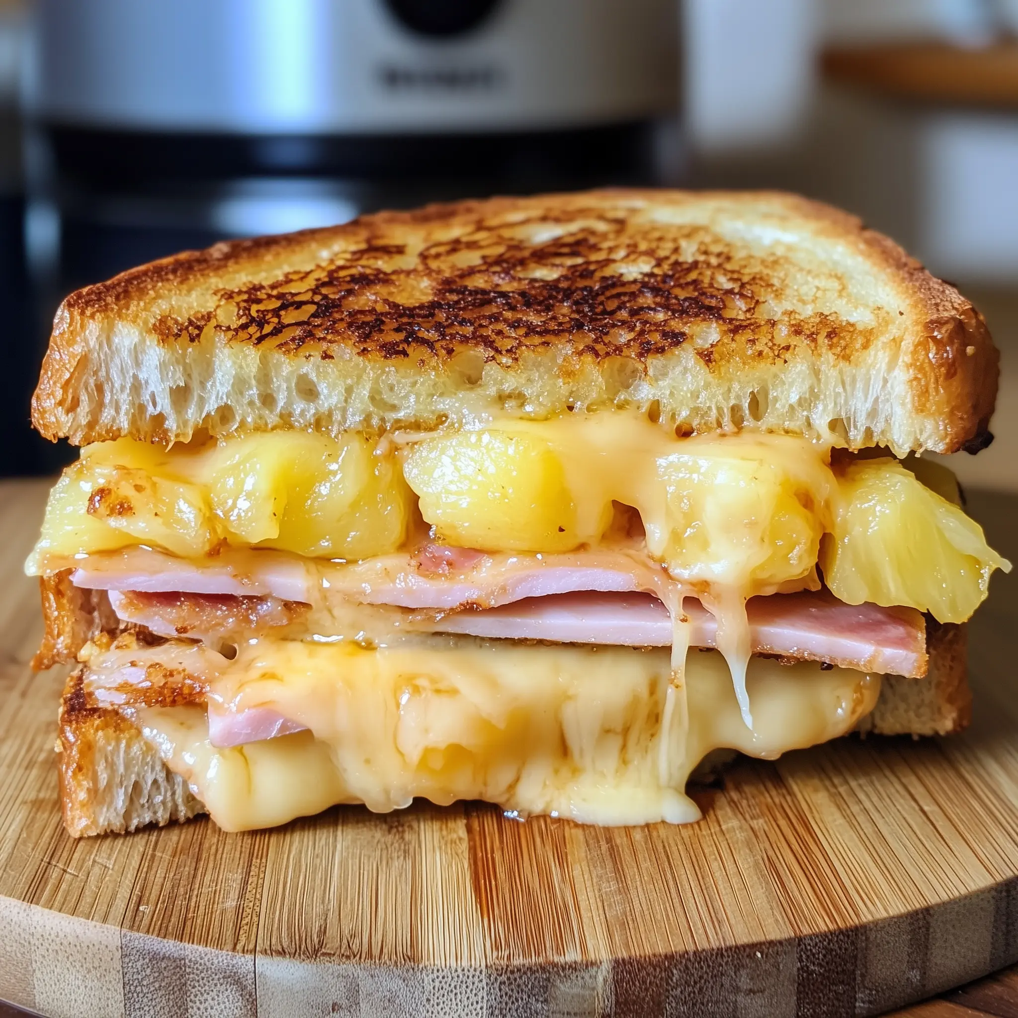 Tosti hawaii op een houten plank met in de achtergrond een airfryer.