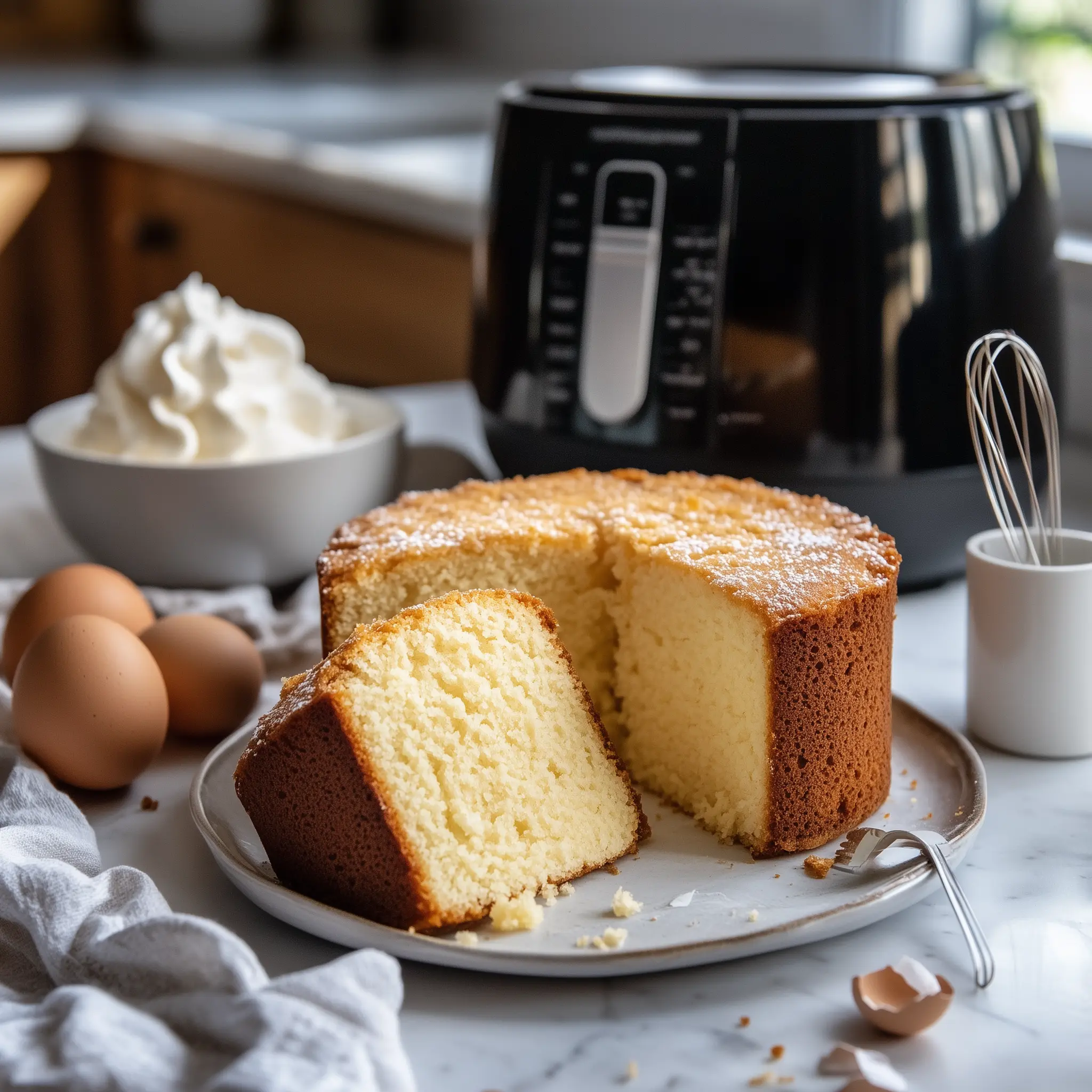Vanille cake op een houten plank met in de achtergrond een airfryer.