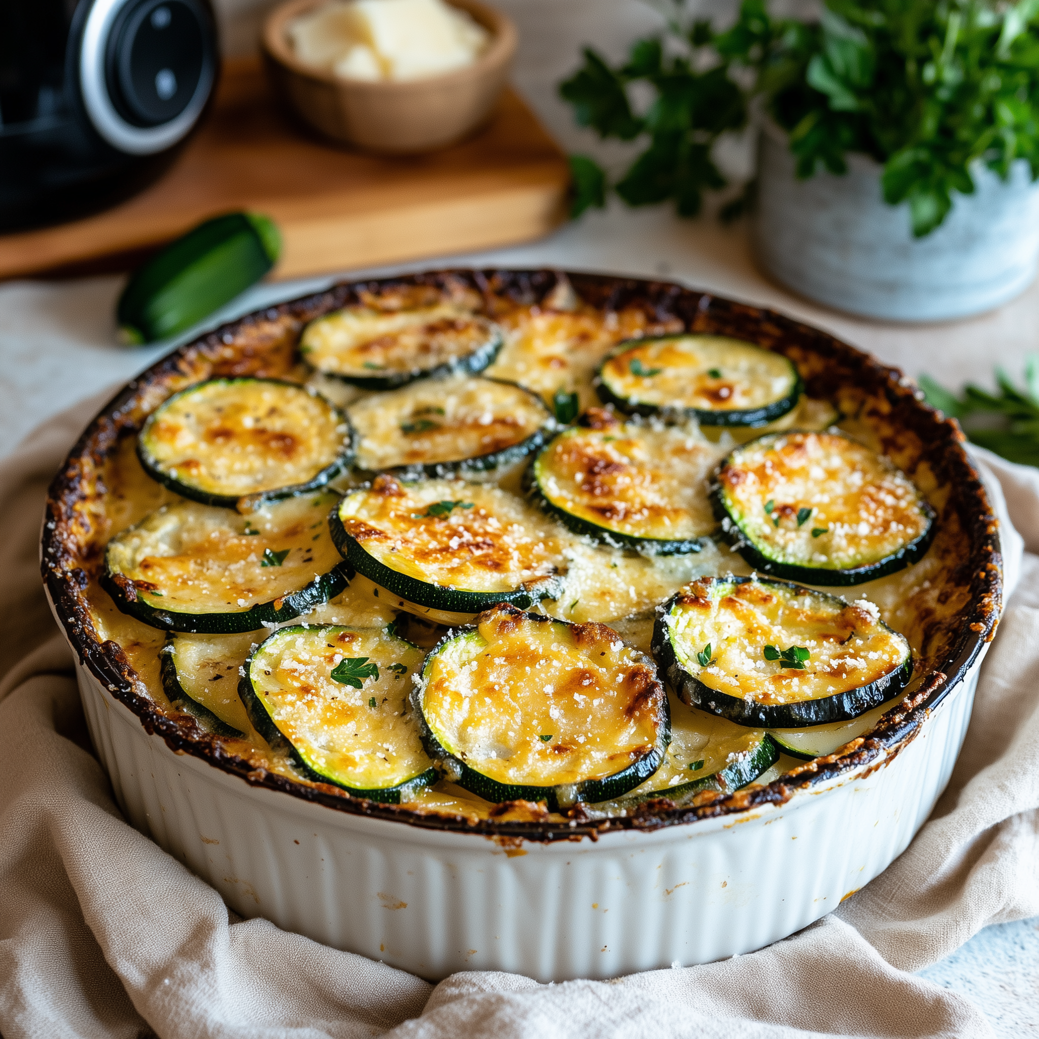 Courgette gratin in een schaal met in de achtergrond een airfryer