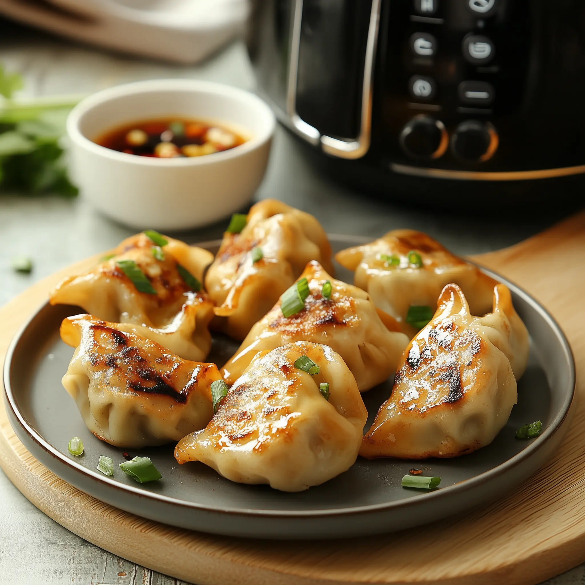 Dumplings op een bord met in de achtergrond een airfryer