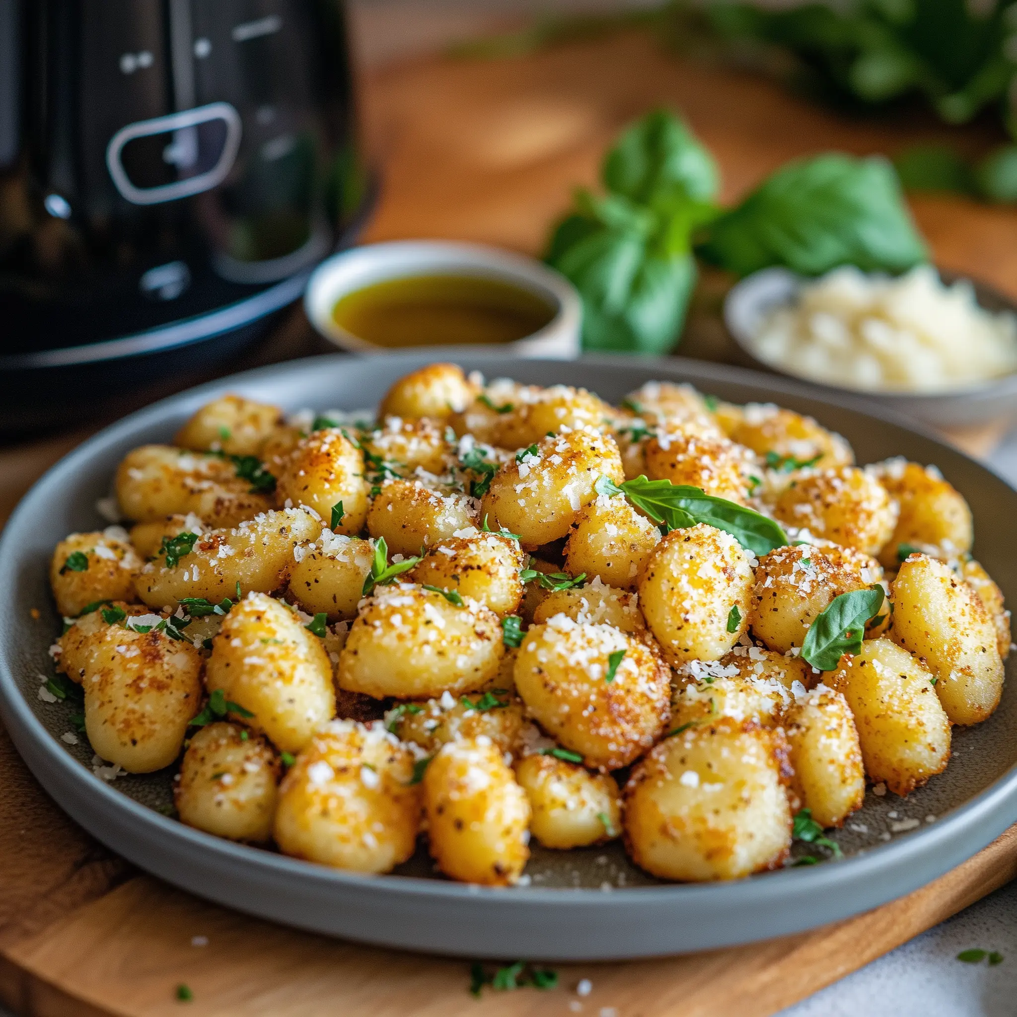 Gnocchi met in de achtergrond een airfryer