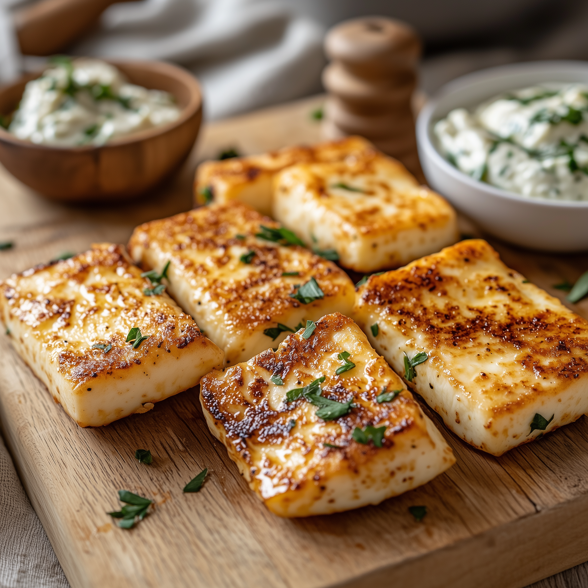 Halloumi op een plank, bereidt in de airfryer