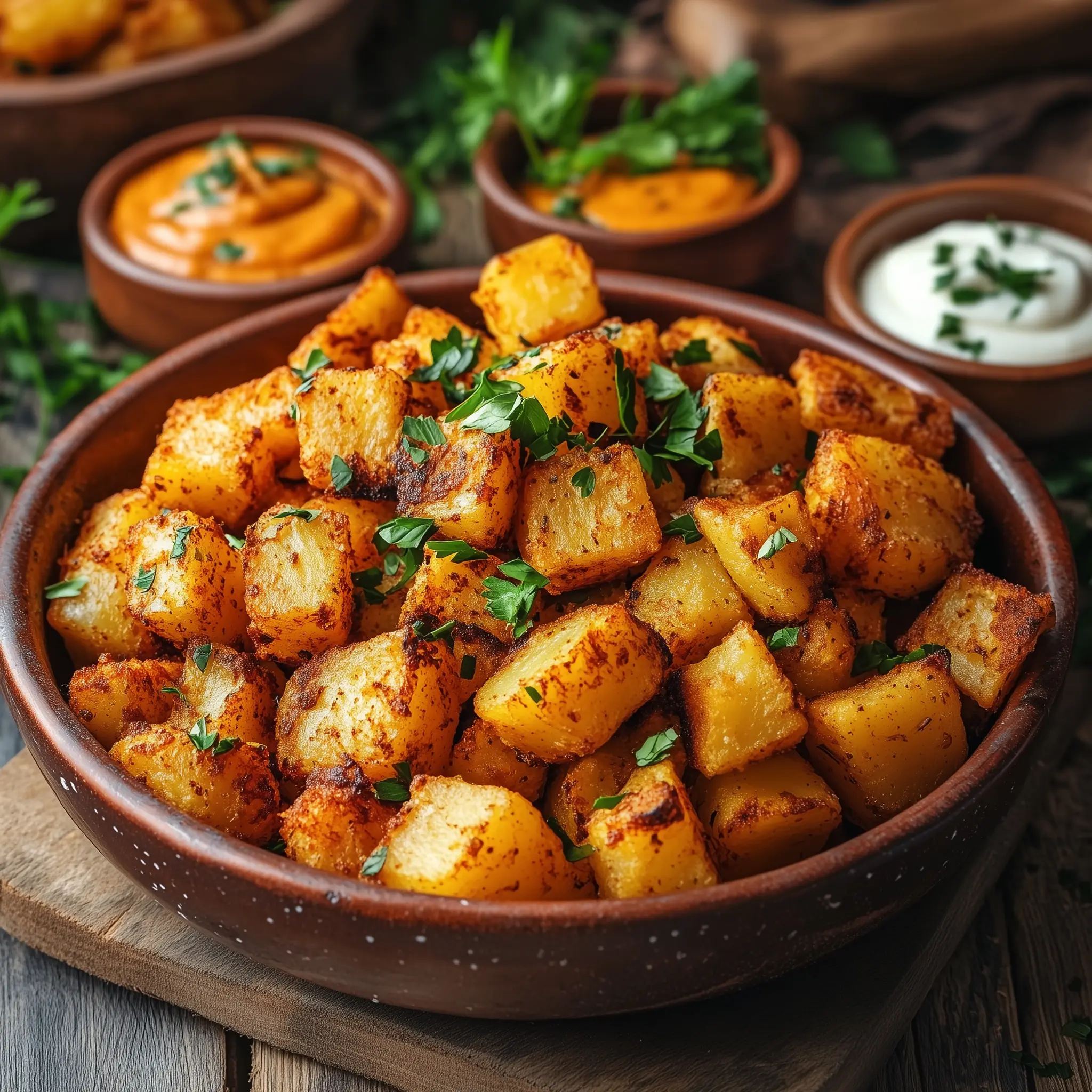 Patatas bravas in een schaal, bereidt in de airfryer