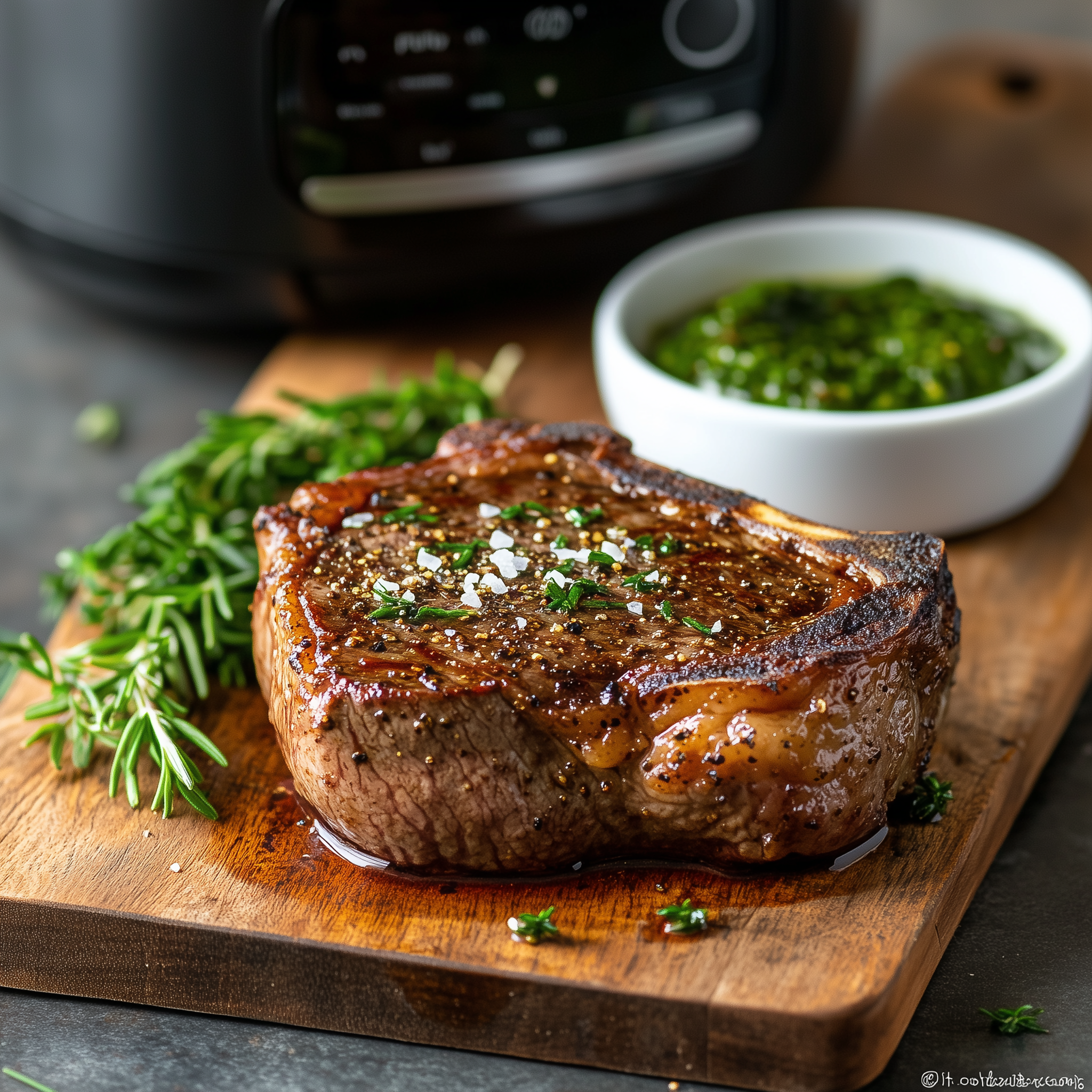 Ribeye op een houten plank met in de achtergrond een airfryer