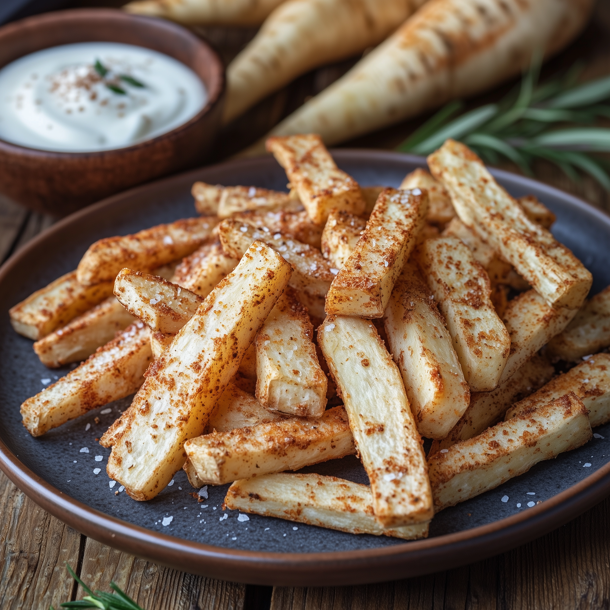Pastinaak friet op een bord, bereidt in de airfryer
