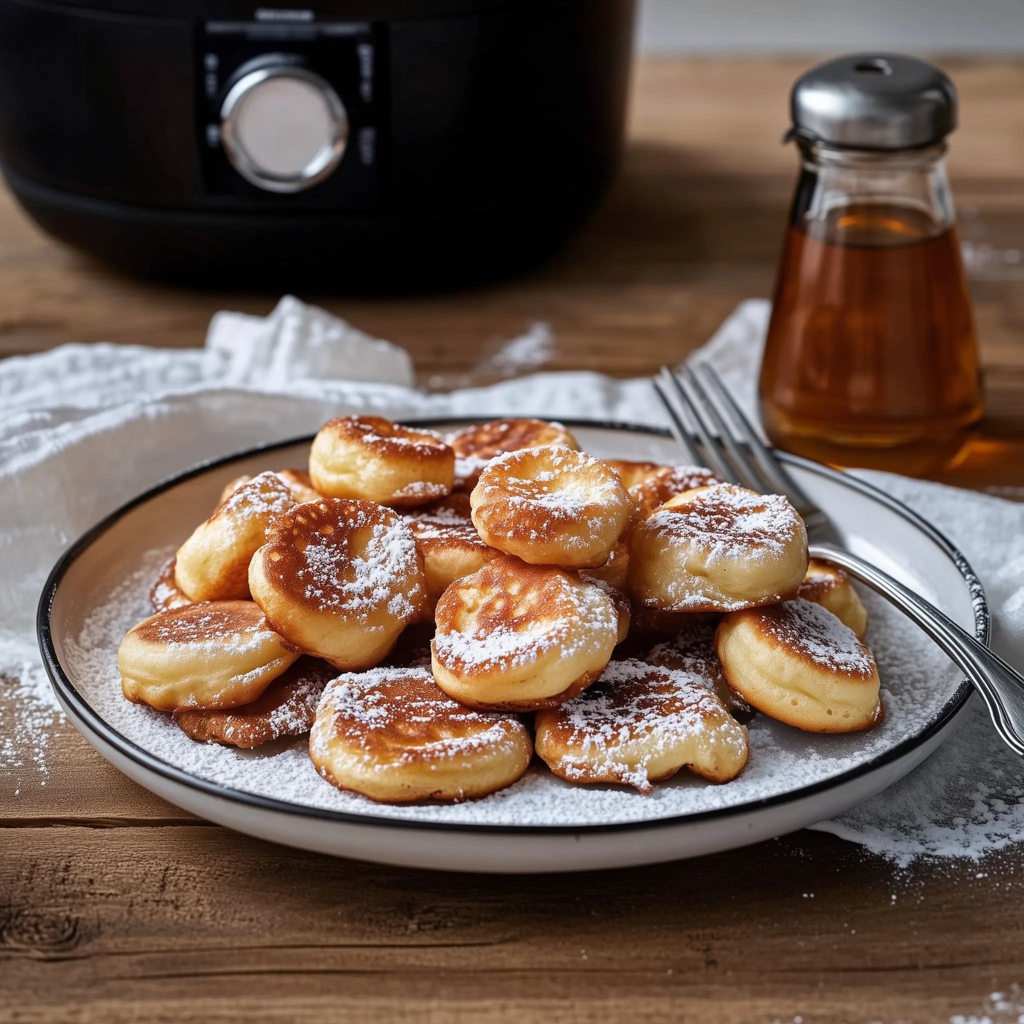 Poffertjes op een bord met in de achtergrond een airfryer