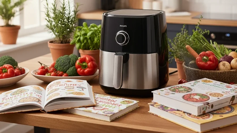 een airfryer omring met airfryer kookboeken