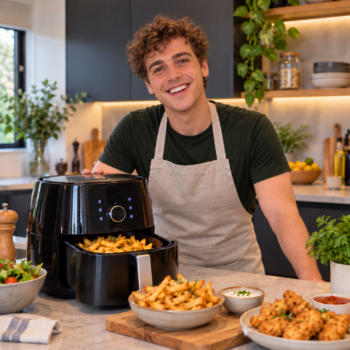 Een glimlachende man in een schort staat achter een aanrecht met een open heteluchtfriteuse vol gebakken frietjes, met daarnaast nog meer kommen met frietjes en gefrituurd eten.